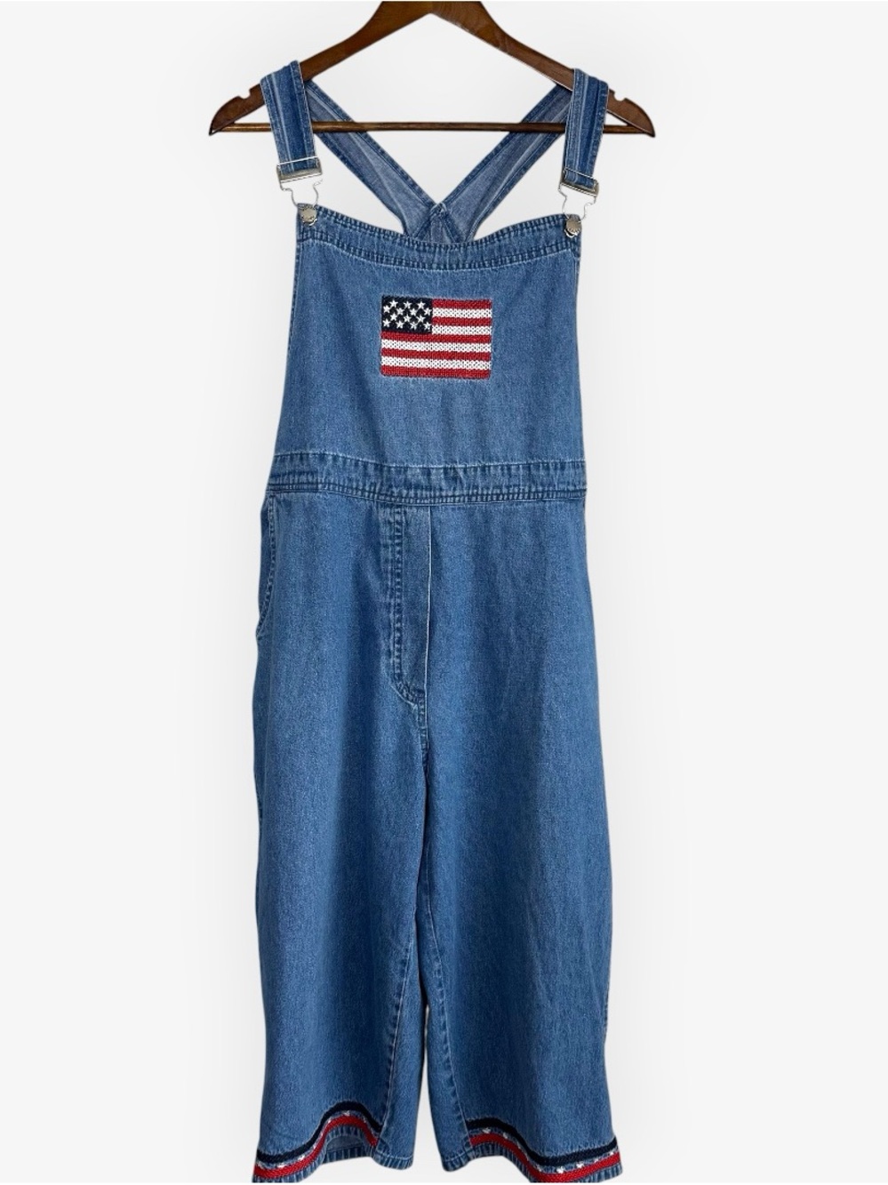 Vintage 90s Agapo American Flag Denim Overalls Capri Wide Leg Patriotic Large